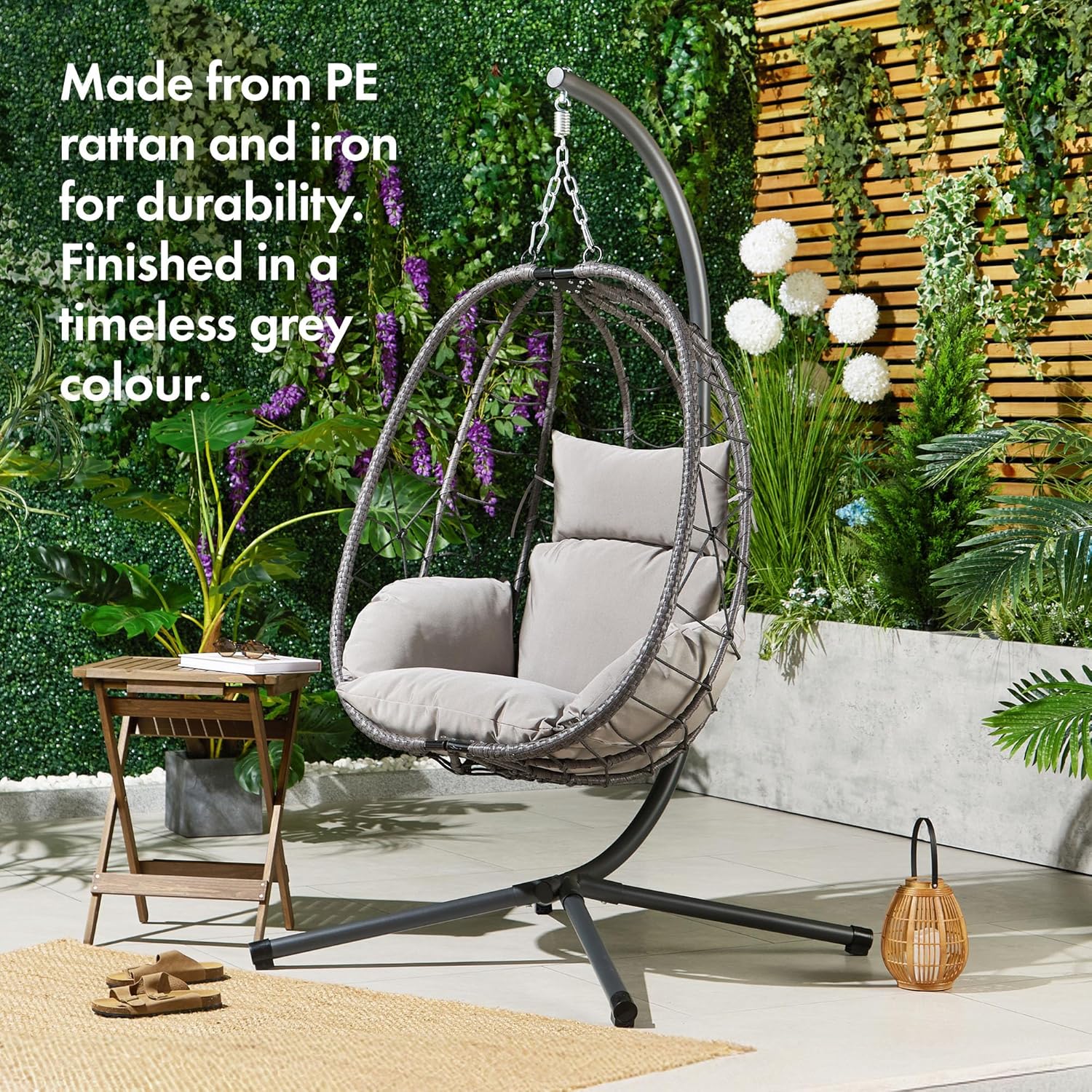 Hanging Egg Chair Grey Rattan Swing Stand Foldable Cushion