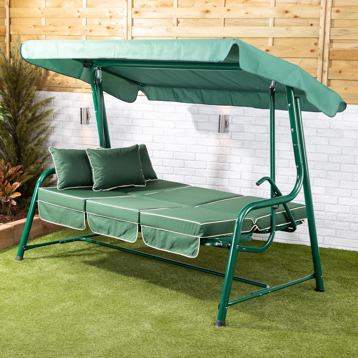 3 Seater Reclining Garden Swing Seat Green Canopy