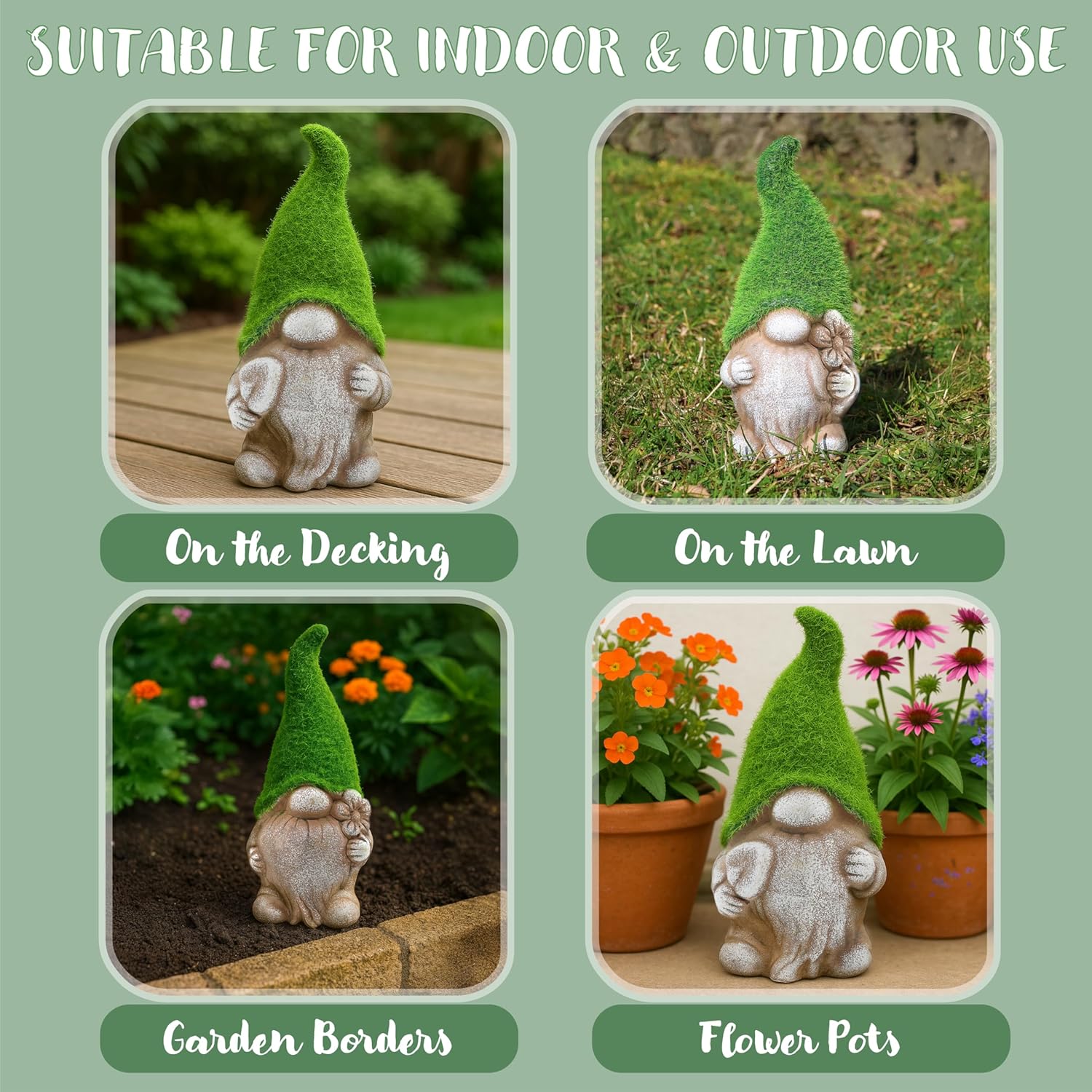 2PCS Garden Gnome Mossy Hat Stone Effect Statues Outdoor Decor