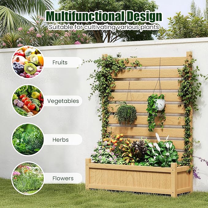 Wooden Planter with Trellis Privacy Screen Natural