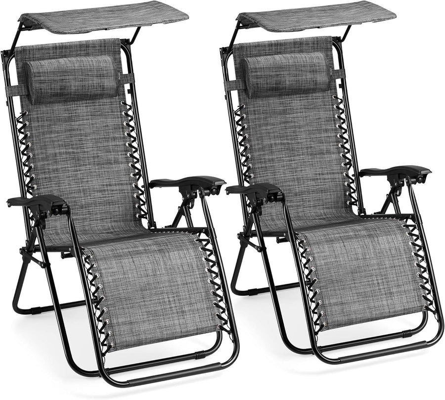 2 Zero Gravity Reclining Garden Chairs with Canopy Grey