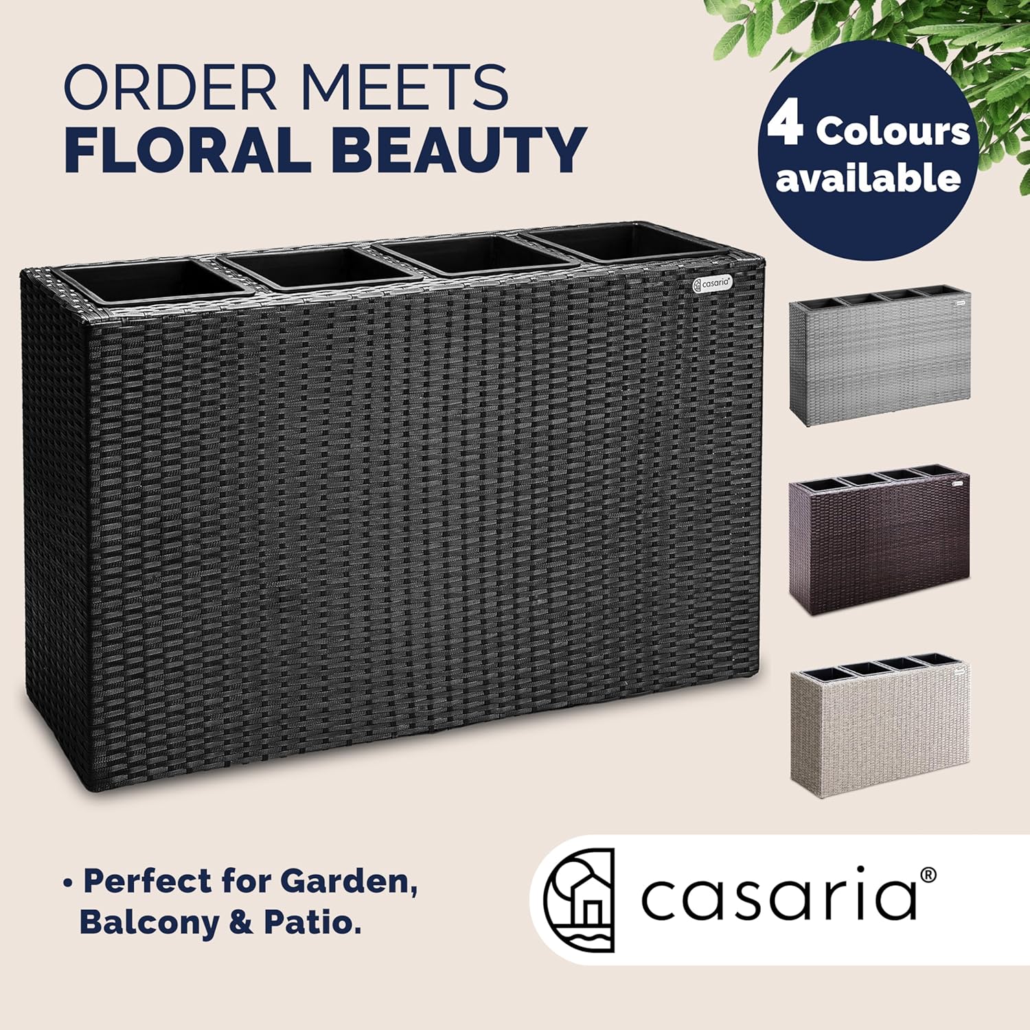 Large Tall Rattan Planter Box 95cm Black with 4 Pots