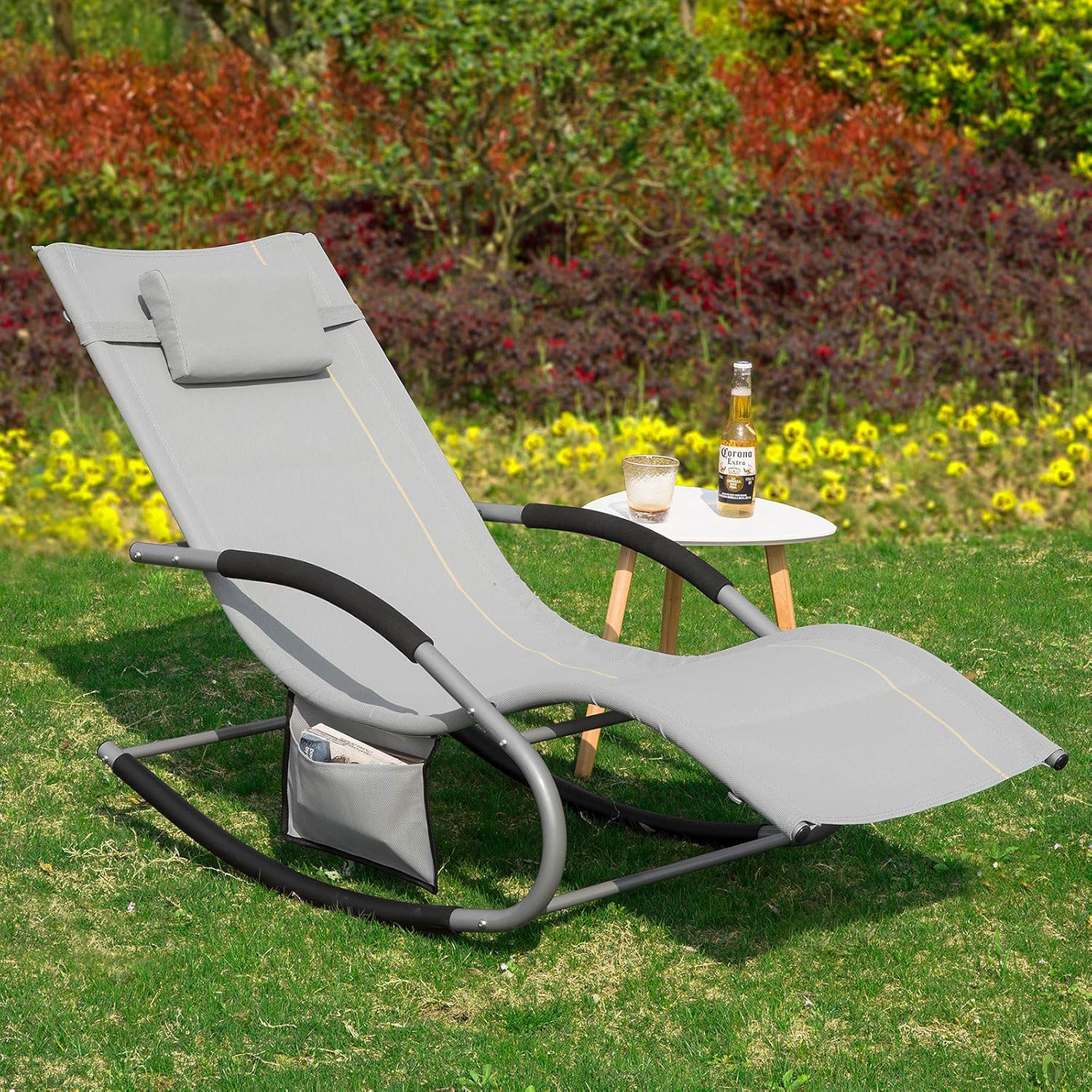 Outdoor Rocking Recliner Chair with Pillow Pocket Grey