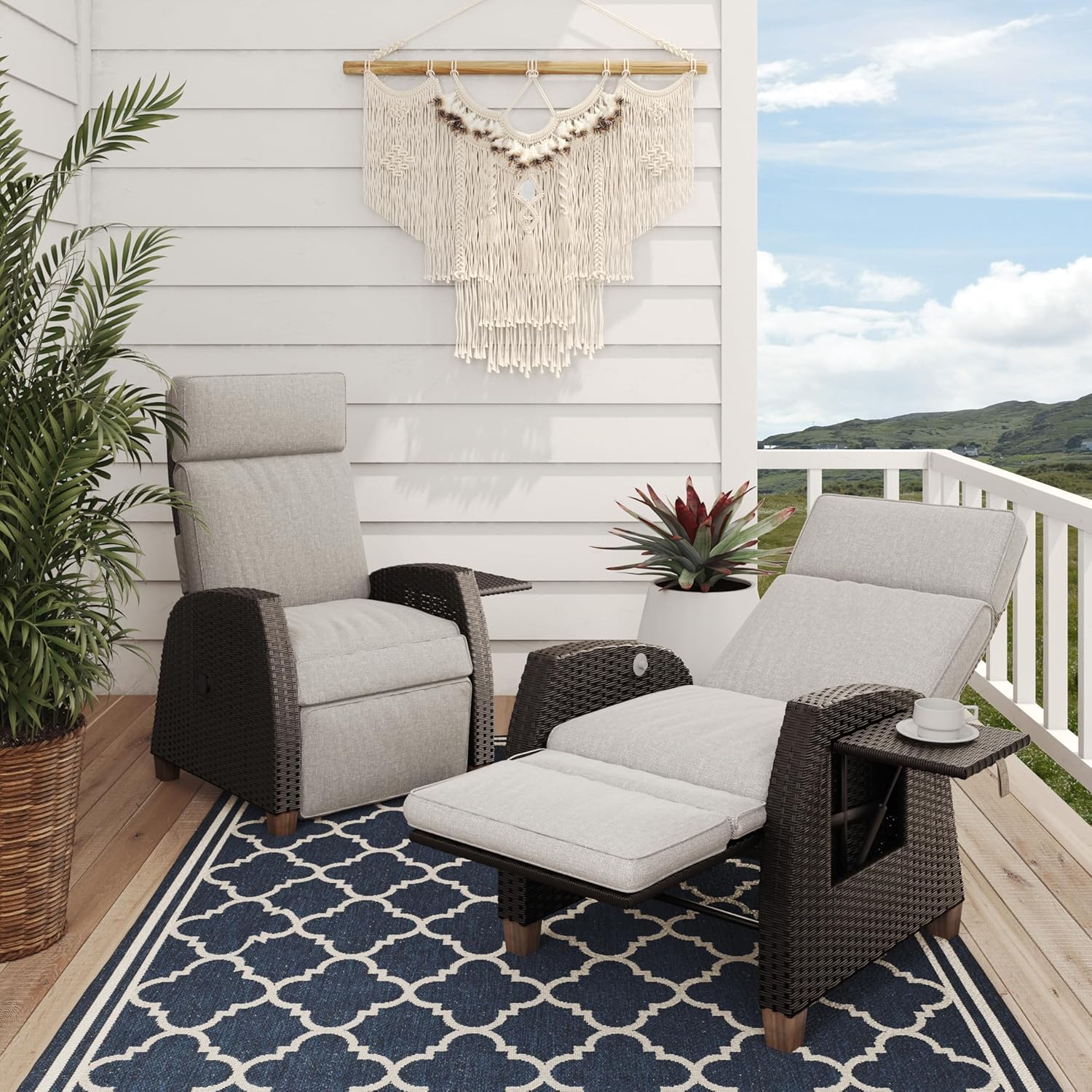 Wicker Garden Recliner Chair Beige Cushion with Table
