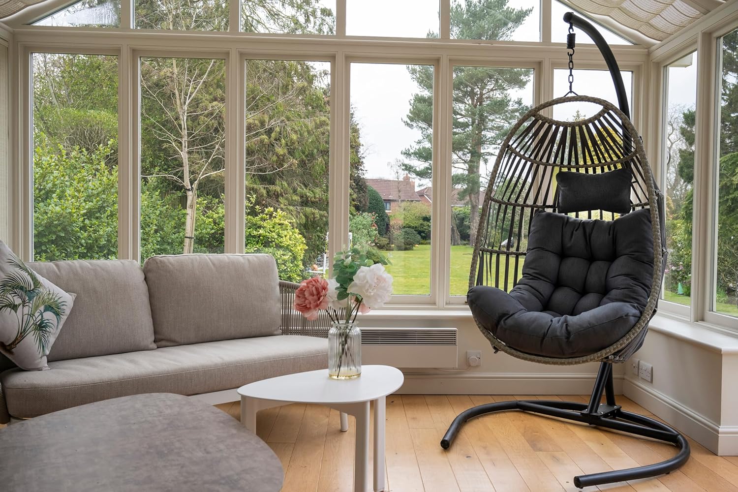 Hanging Egg Chair with Stand Grey Rattan Cushion Set