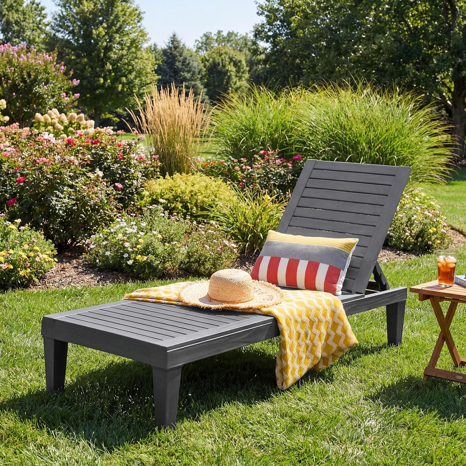 Sun Lounger 5 Position Recliner Chair Grey Wood Effect