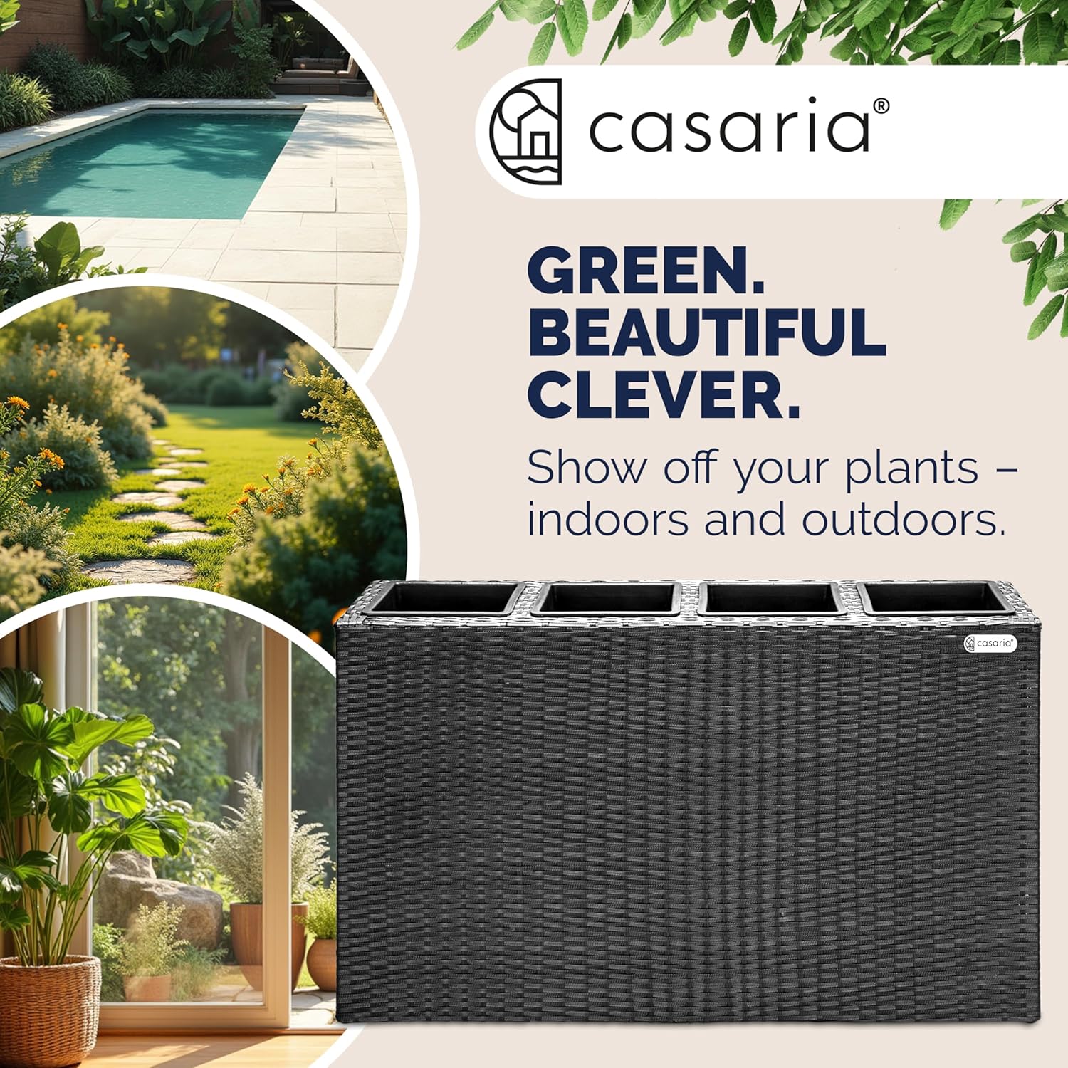 Large Tall Rattan Planter Box 95cm Black with 4 Pots