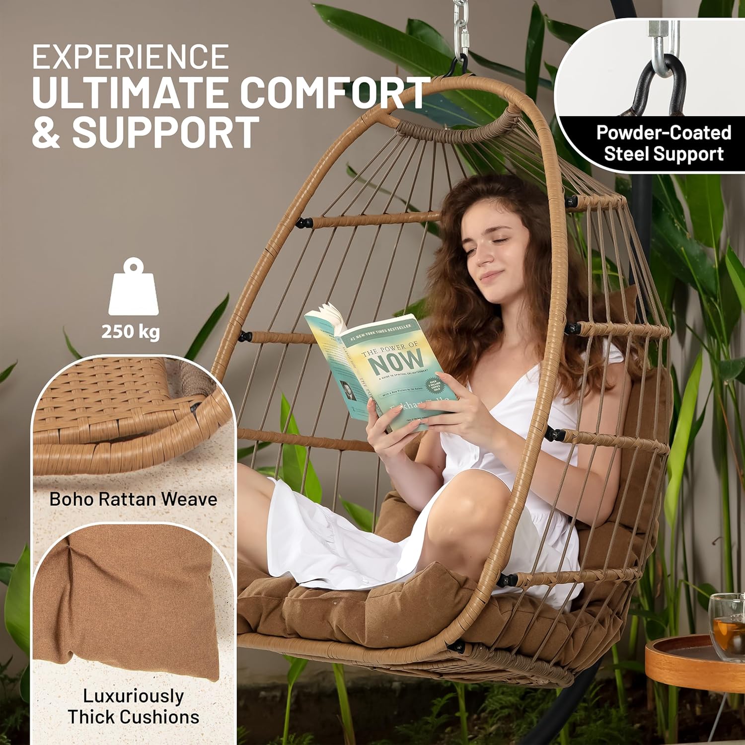 Foldable Rattan Egg Chair with Stand Cushion Brown
