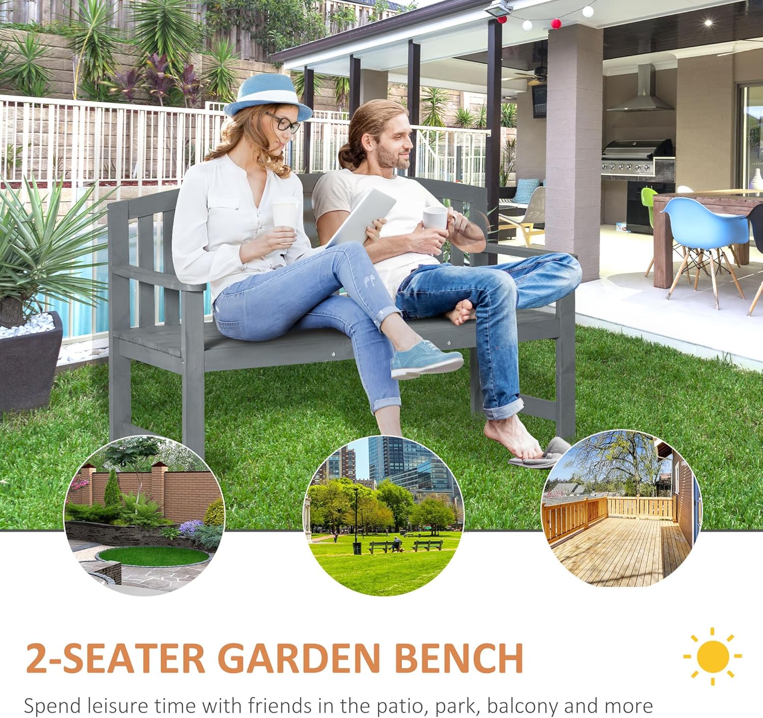 2 Seater Wooden Garden Bench with Armrests Outdoor Patio Seat
