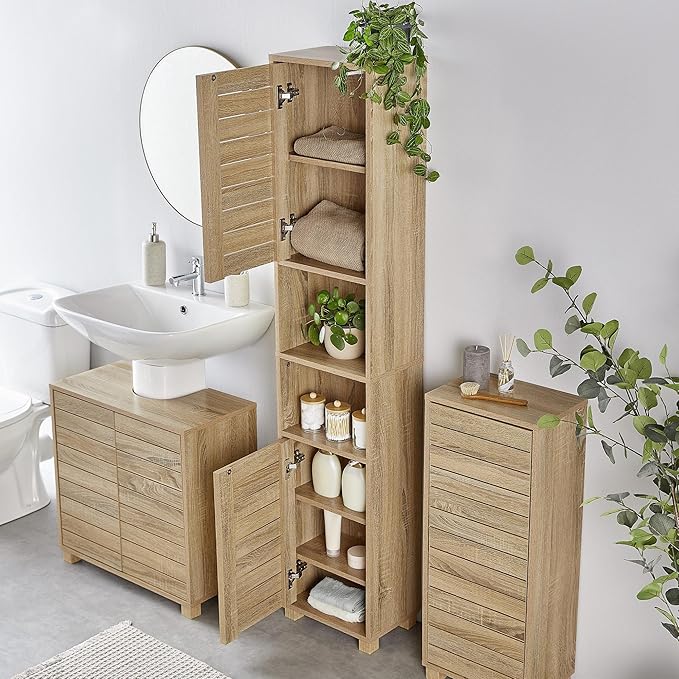 Tall Bathroom Cabinet Oak Effect Tallboy 2 Doors 7 Shelves Storage