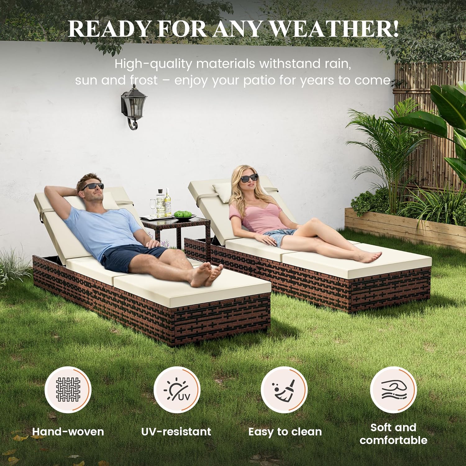 3 Piece Rattan Sun Lounger Set with Table Cushions Brown