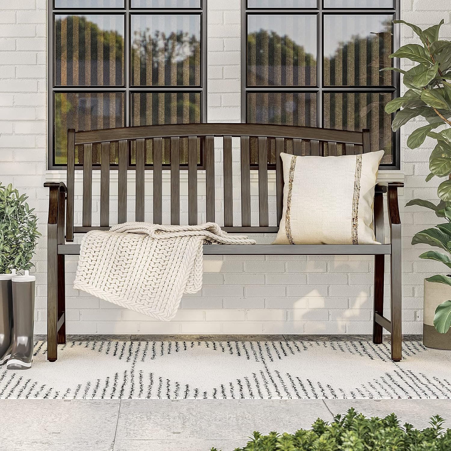 Metal Garden Bench 2-3 Seater Outdoor Patio Park Seat Brown