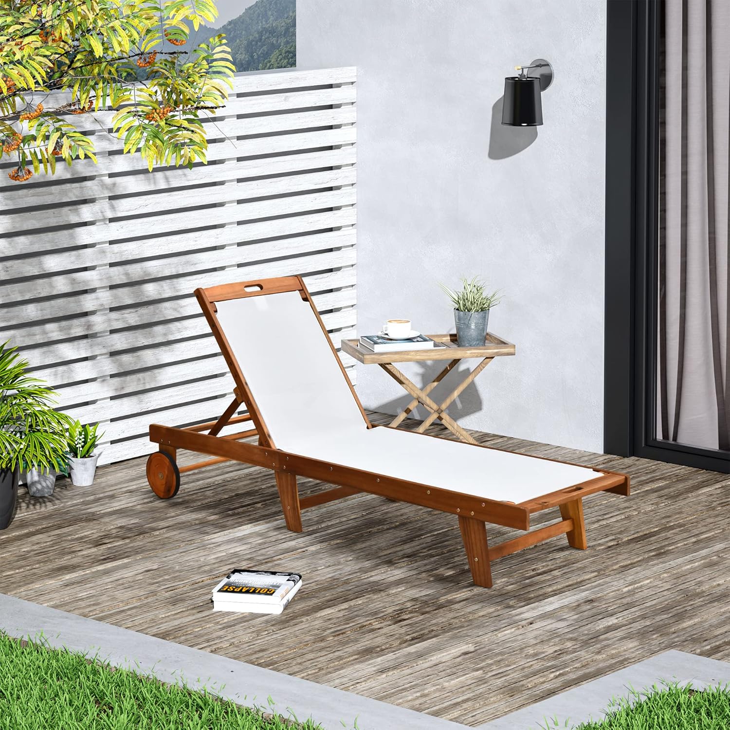 Acacia Wood Sun Lounger Adjustable Garden Recliner with Wheels