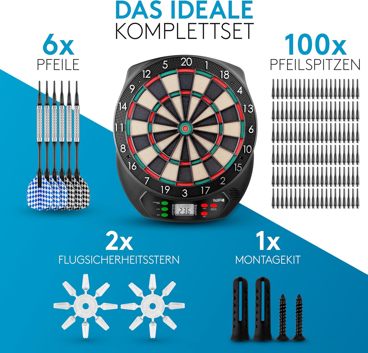 Electronic Dartboard Set LED Scoring 65 Games 6 Darts Wall Protection