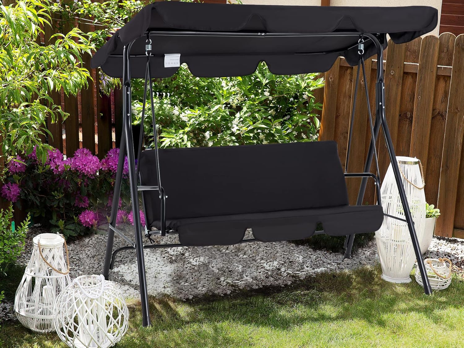 3 Seater Garden Swing Chair with Adjustable Canopy Black