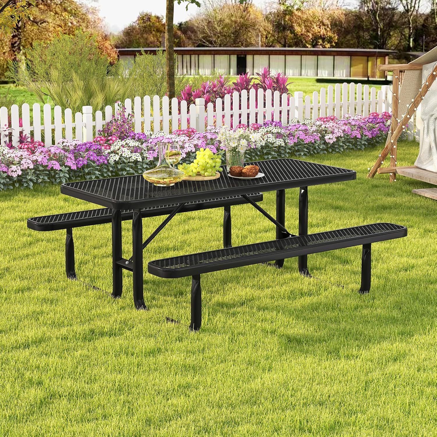 8 Seater Metal Picnic Table Bench Set Outdoor Garden Dining