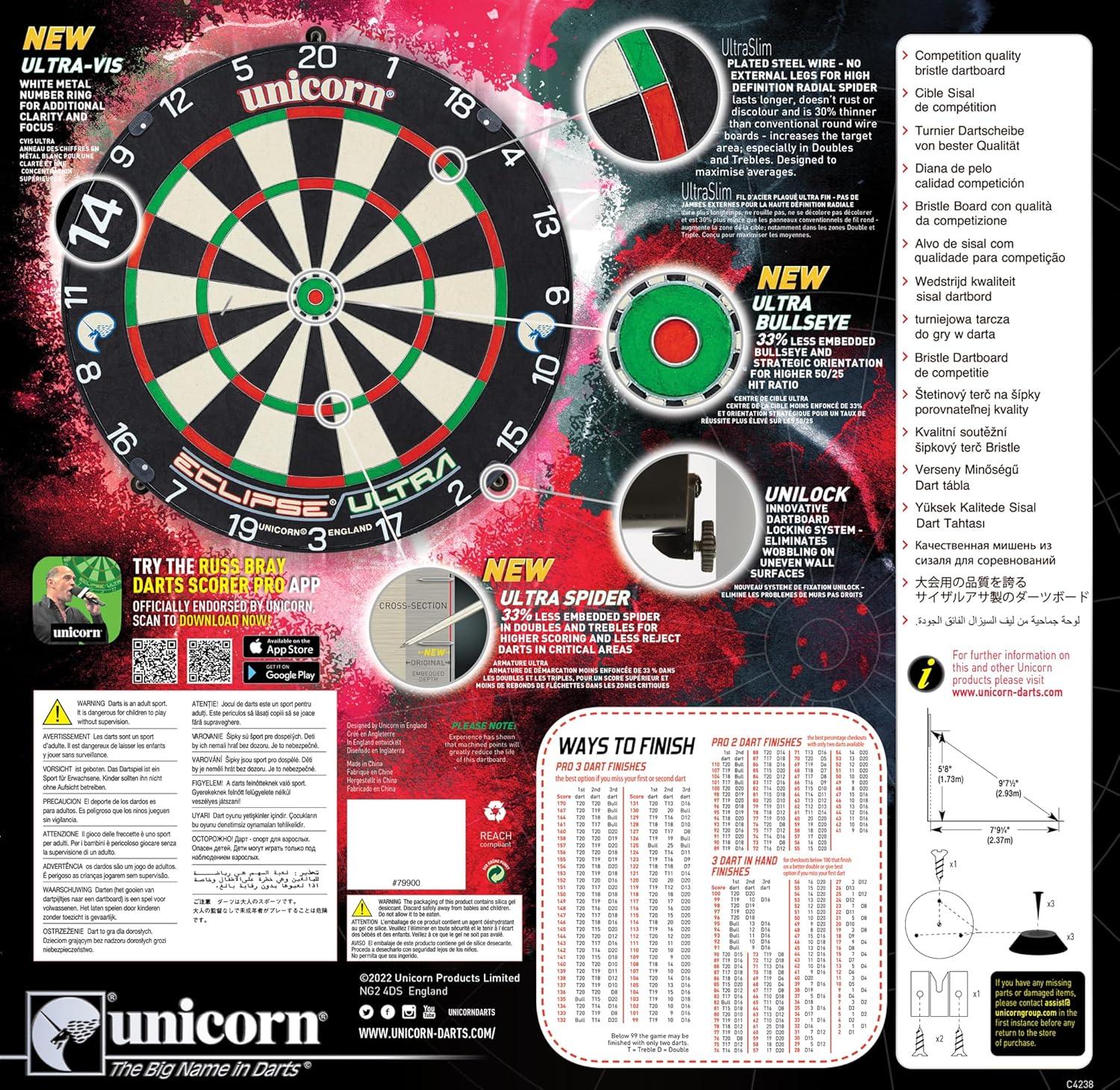 18in Professional Sisal Dartboard Slim Wire Staple Free Ultra Visible