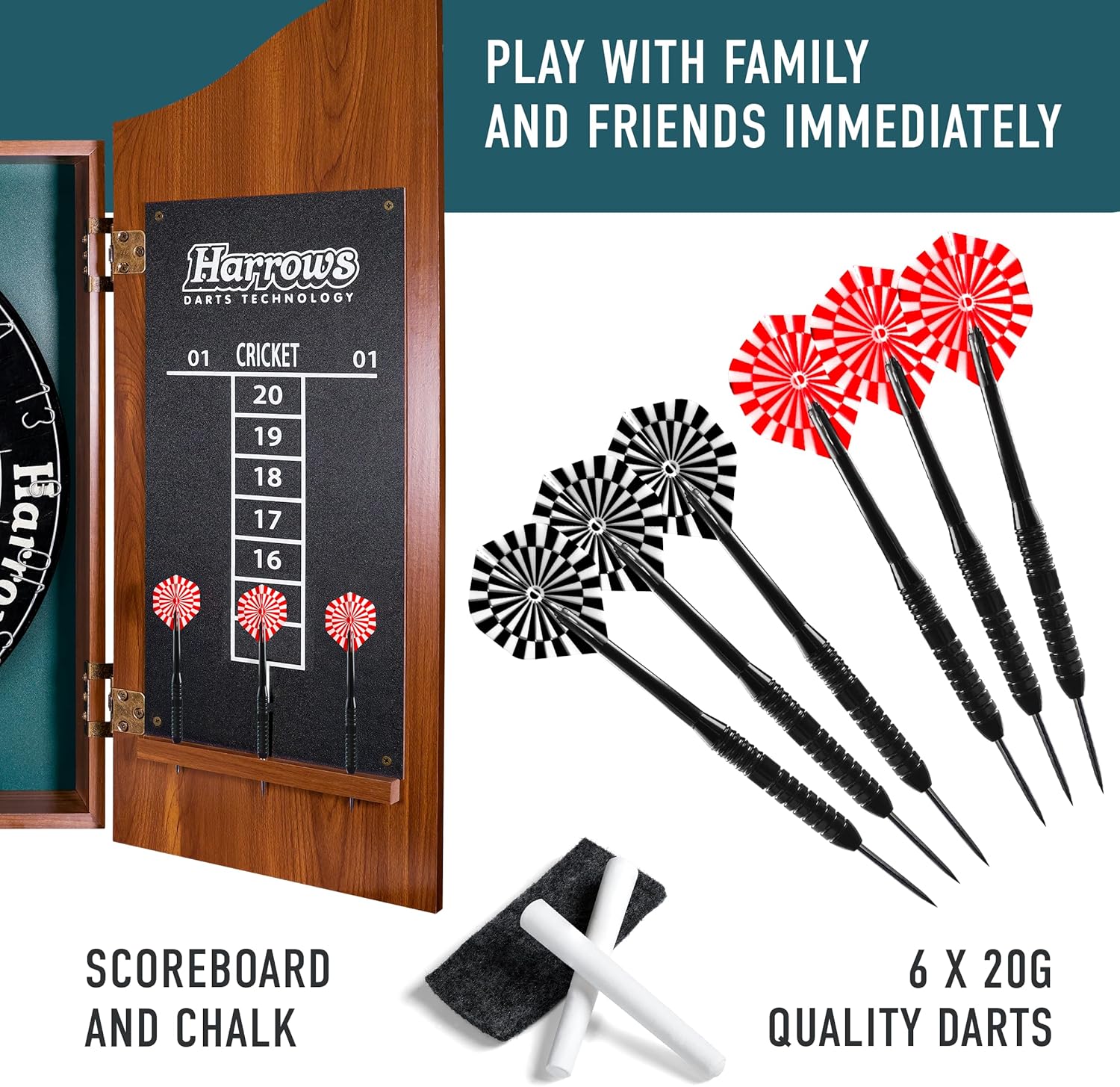 Dart Board Cabinet Set Wood Scoreboard 6 Steel Tip Darts Kit