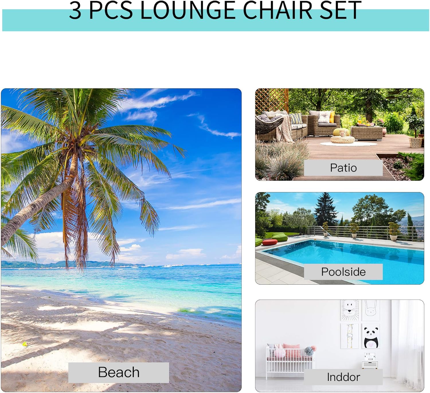 3 Piece Patio Recliner Chair Set with Glass Table Grey