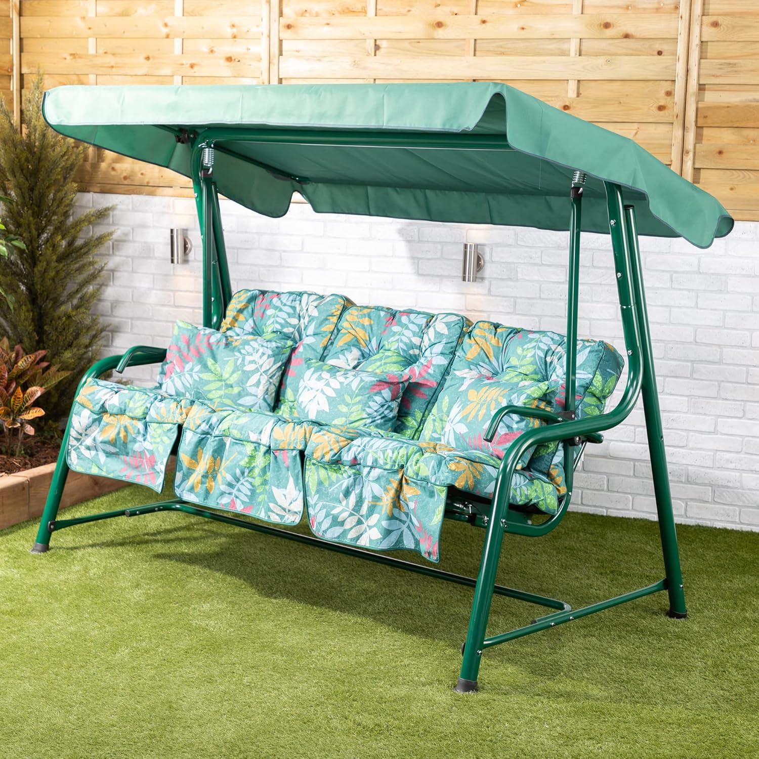 3 Seater Reclining Garden Swing Seat Green Canopy Cushions