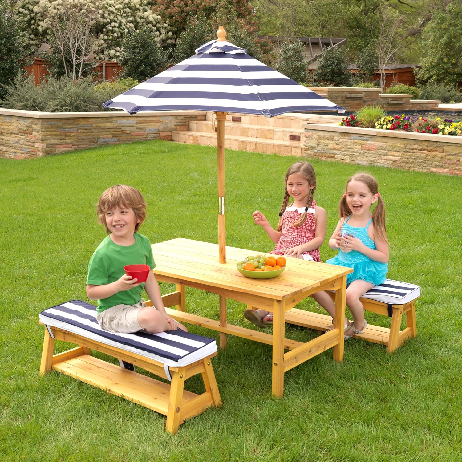 Kids Wooden Garden Table & Bench Set w/Cushions Parasol