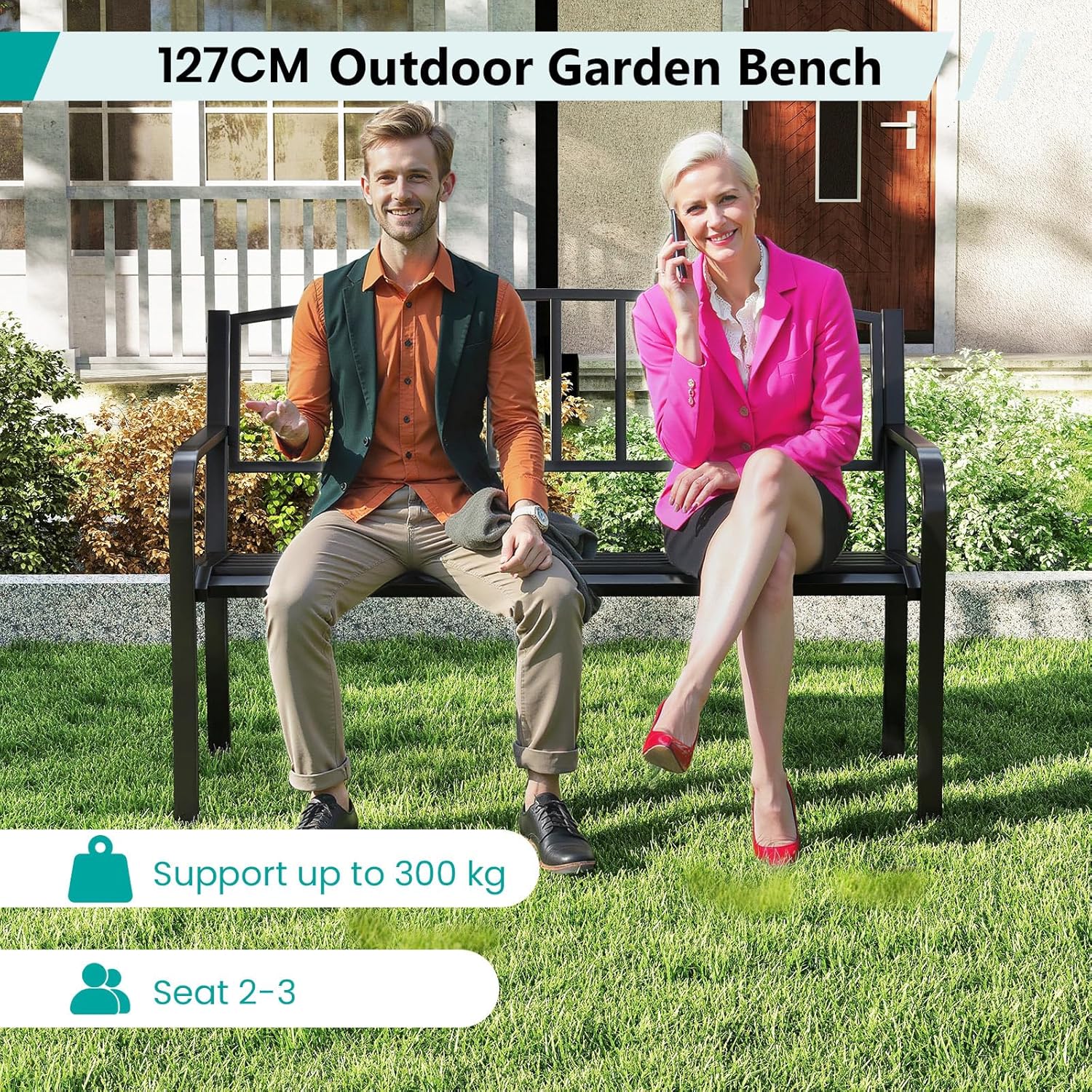 Metal Garden Bench 2-3 Seater Slatted Patio Park Seat