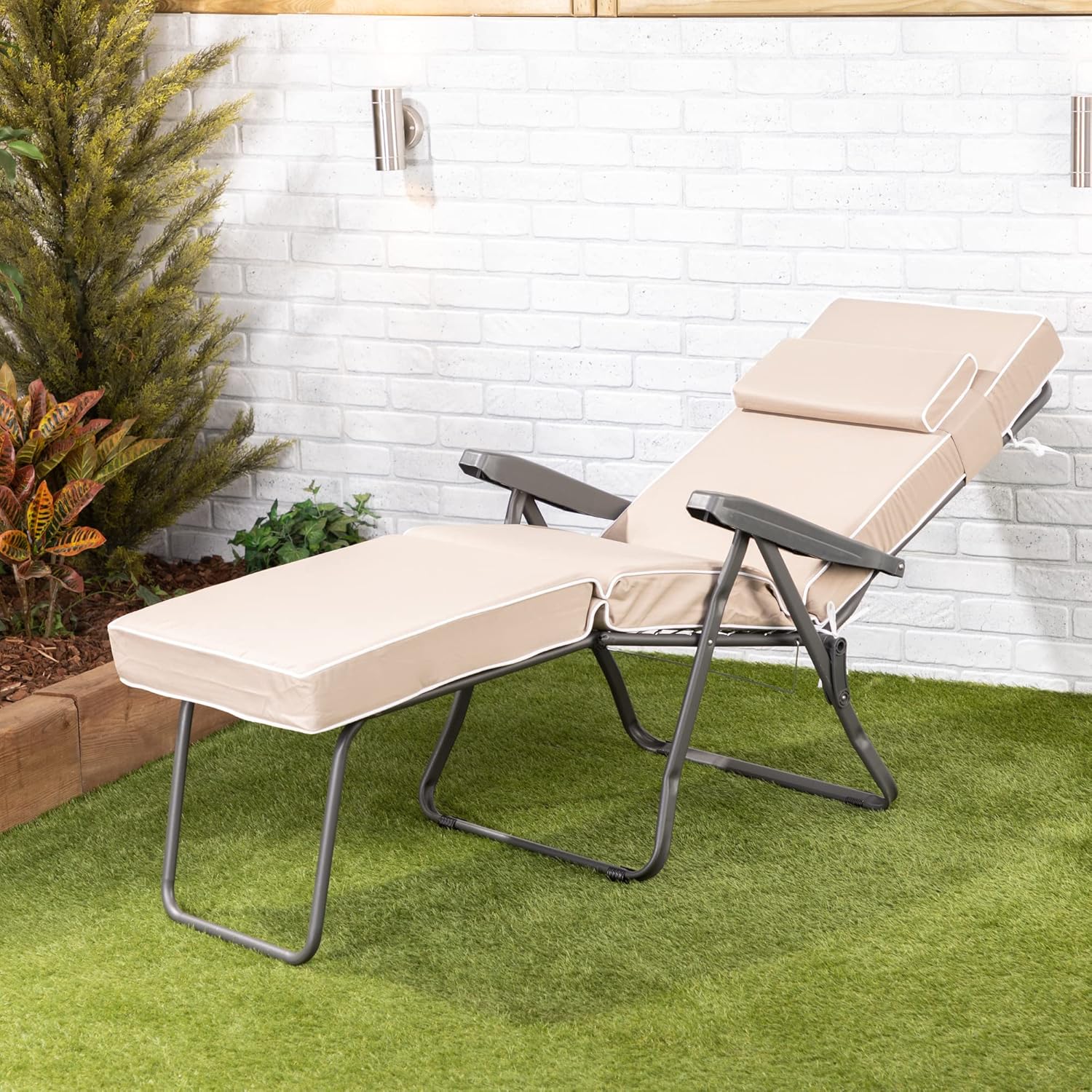 Reclining Sun Lounger with Cushion 5 Position Taupe