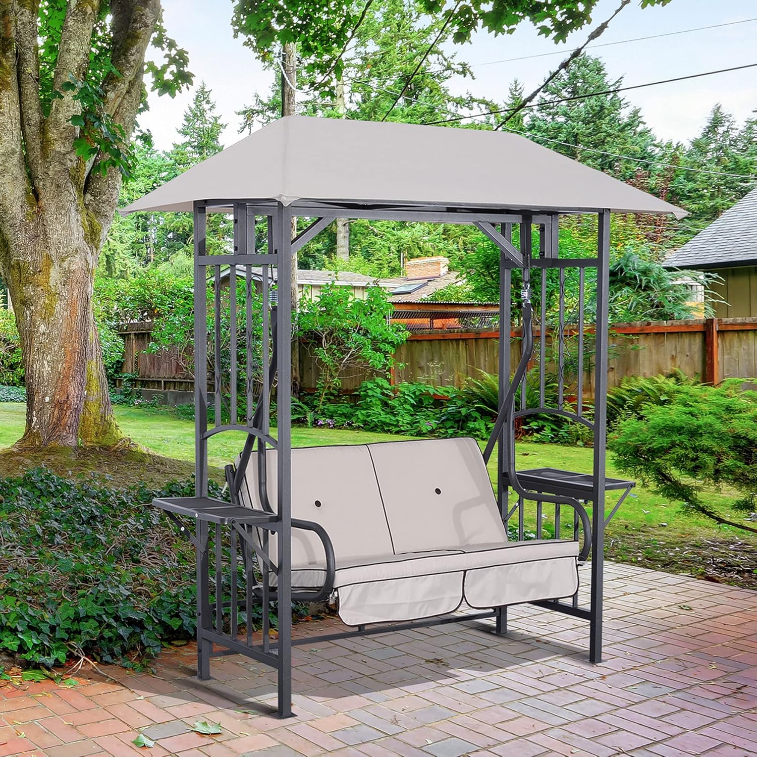2 Seater Garden Swing Chair with Canopy Side Tables Beige