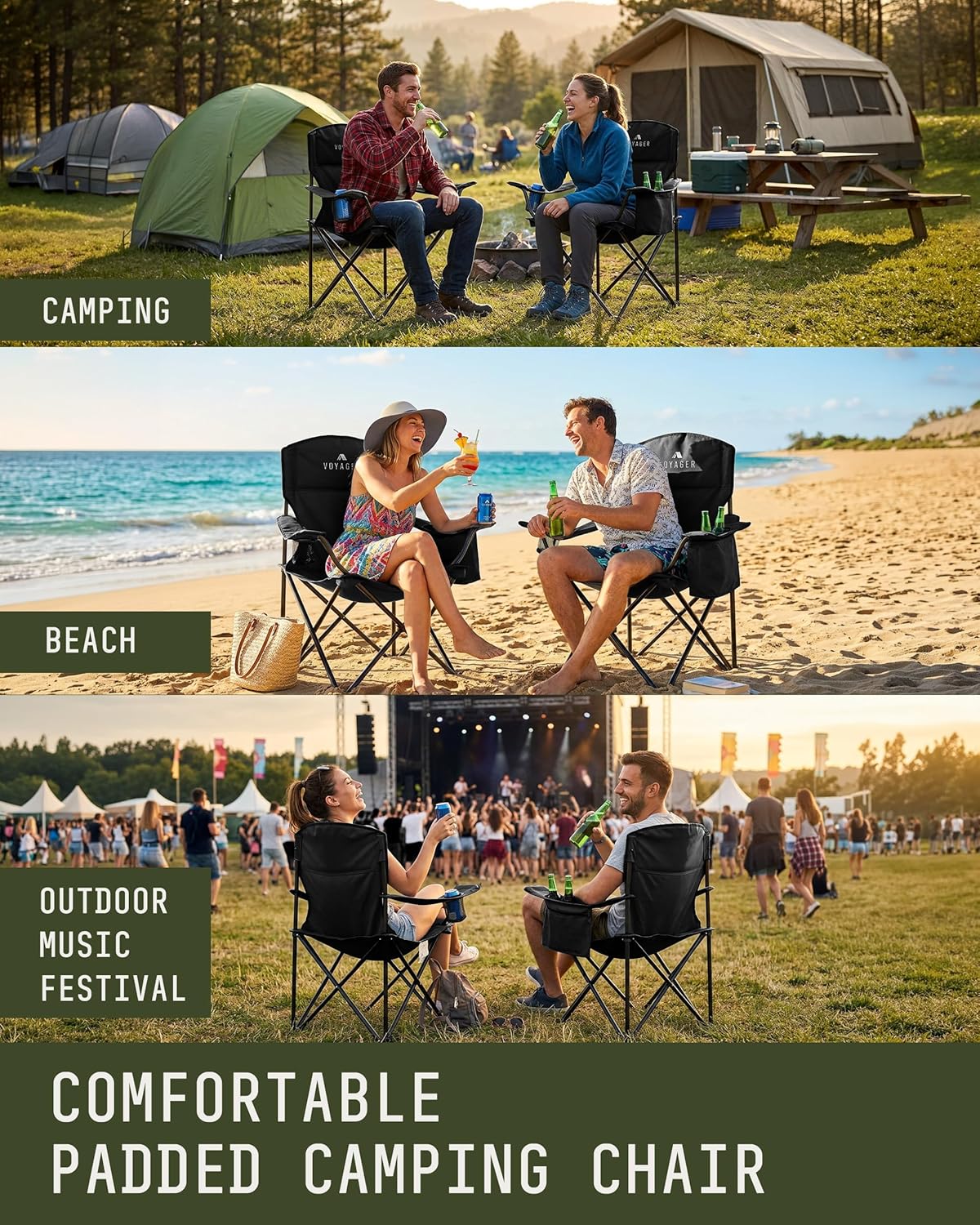 Folding Camping Chairs 2 Pack Cooler Bag Portable Black