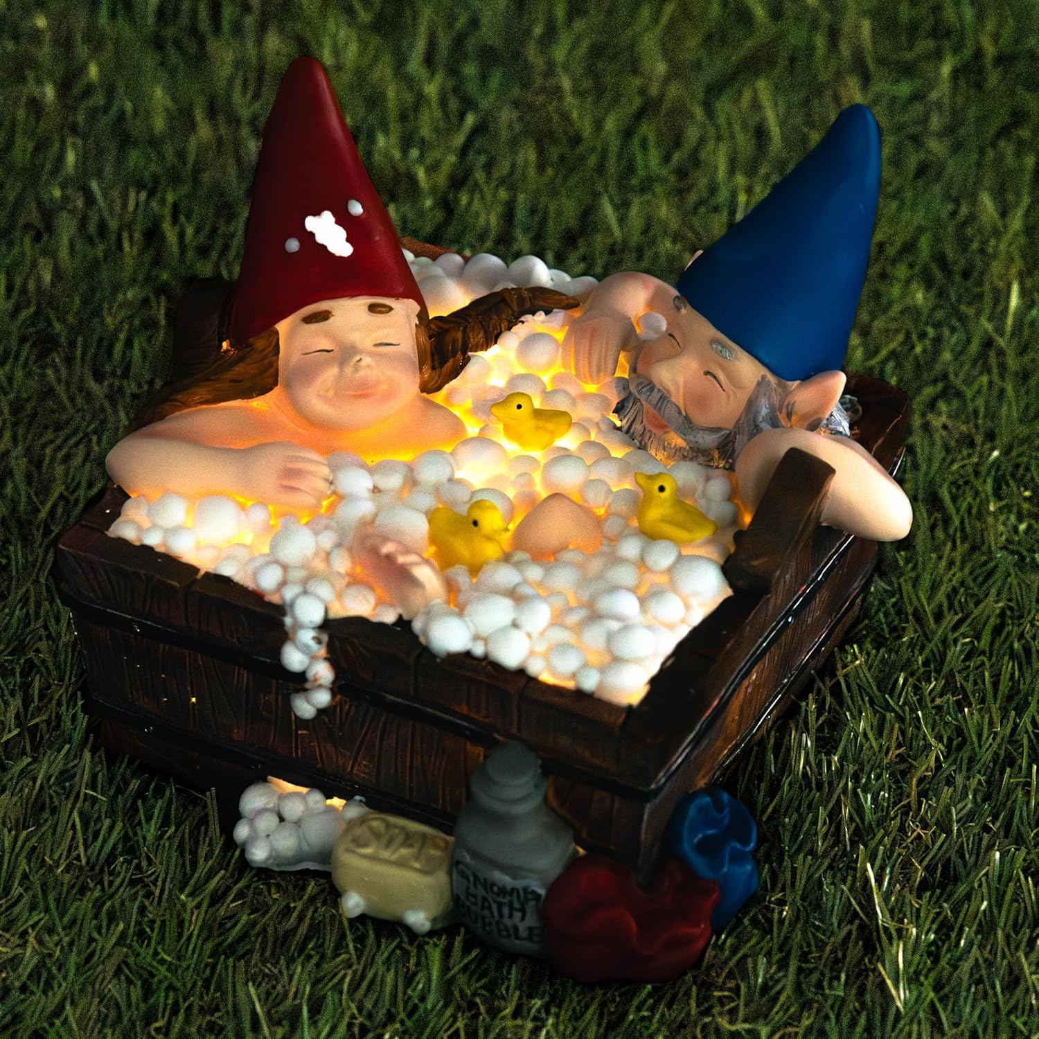 Solar Gnome Hot Tub Statue Funny Garden Decor LED Resin
