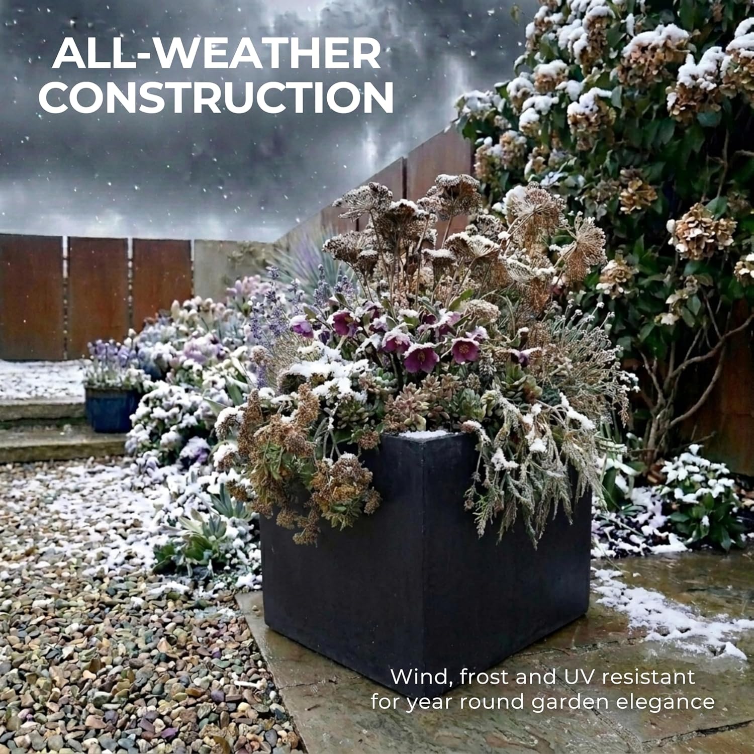 40cm Black Square Planter Stone Effect Garden Pot Drainage