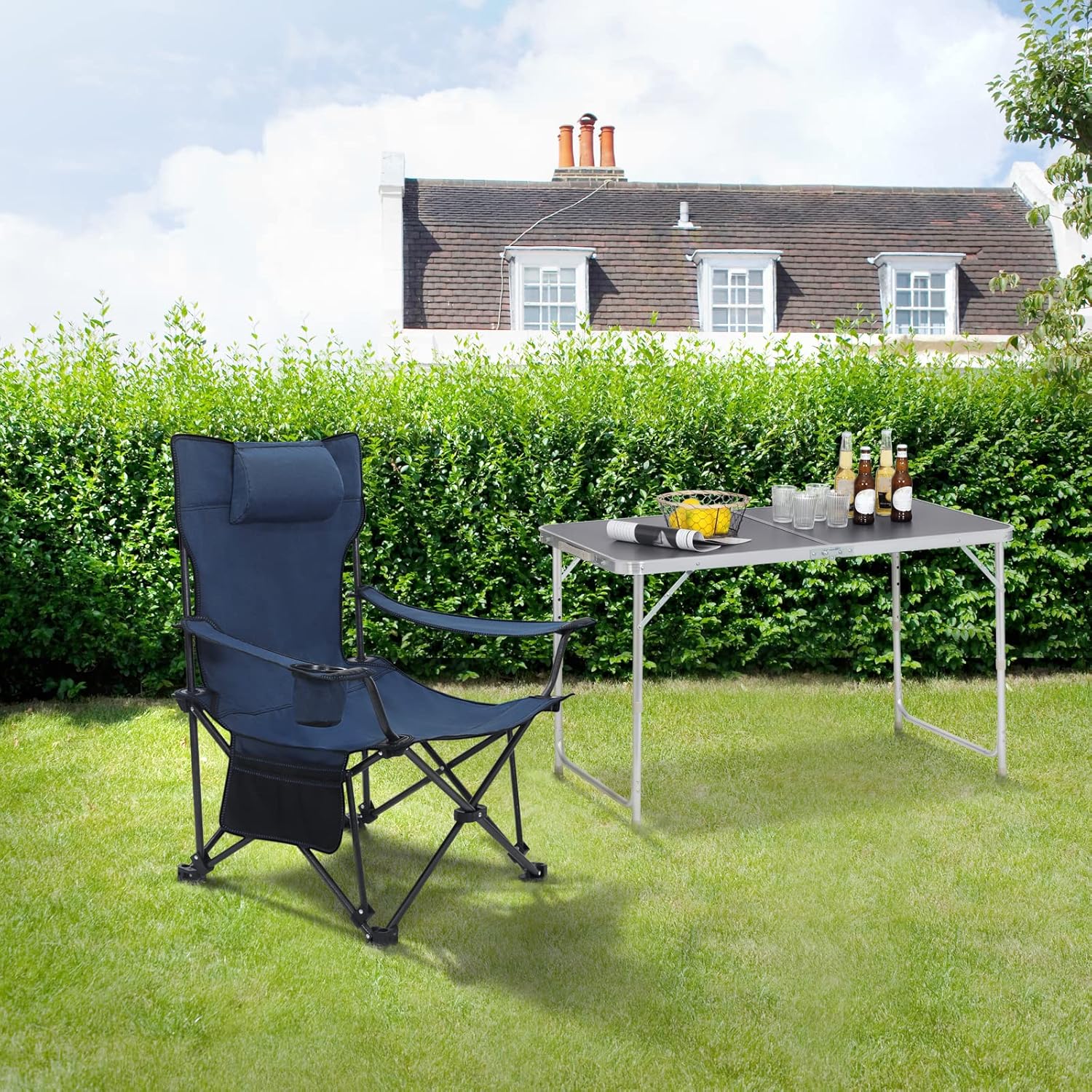 Reclining Camping Chair with Footrest Folding Seat Blue