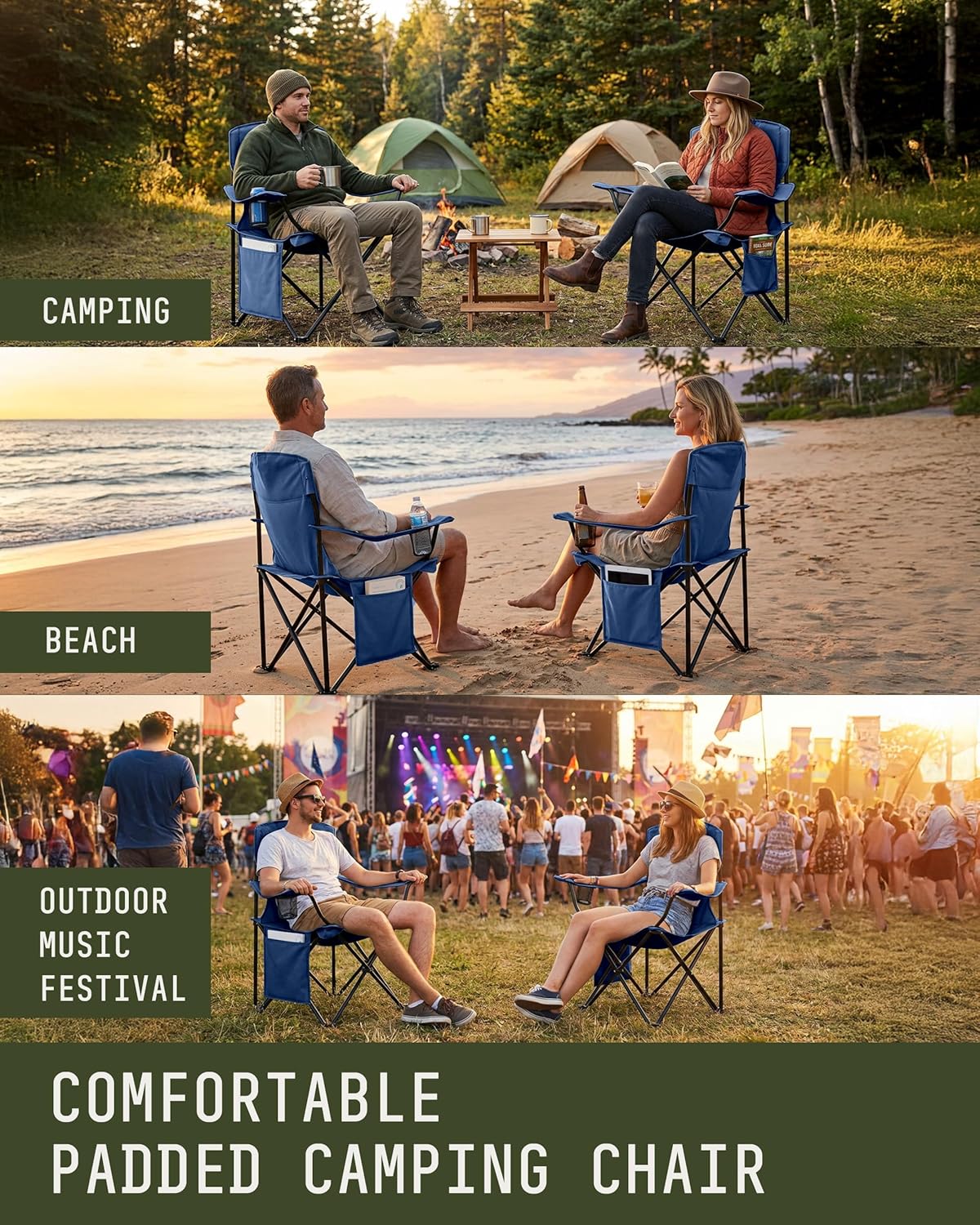Folding Camping Chair 2 Pack Pocket Cup Holder Navy