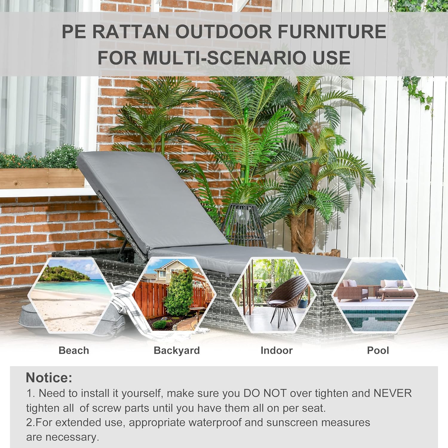 PE Rattan Sun Lounger 5 Position Recliner Cushion Grey