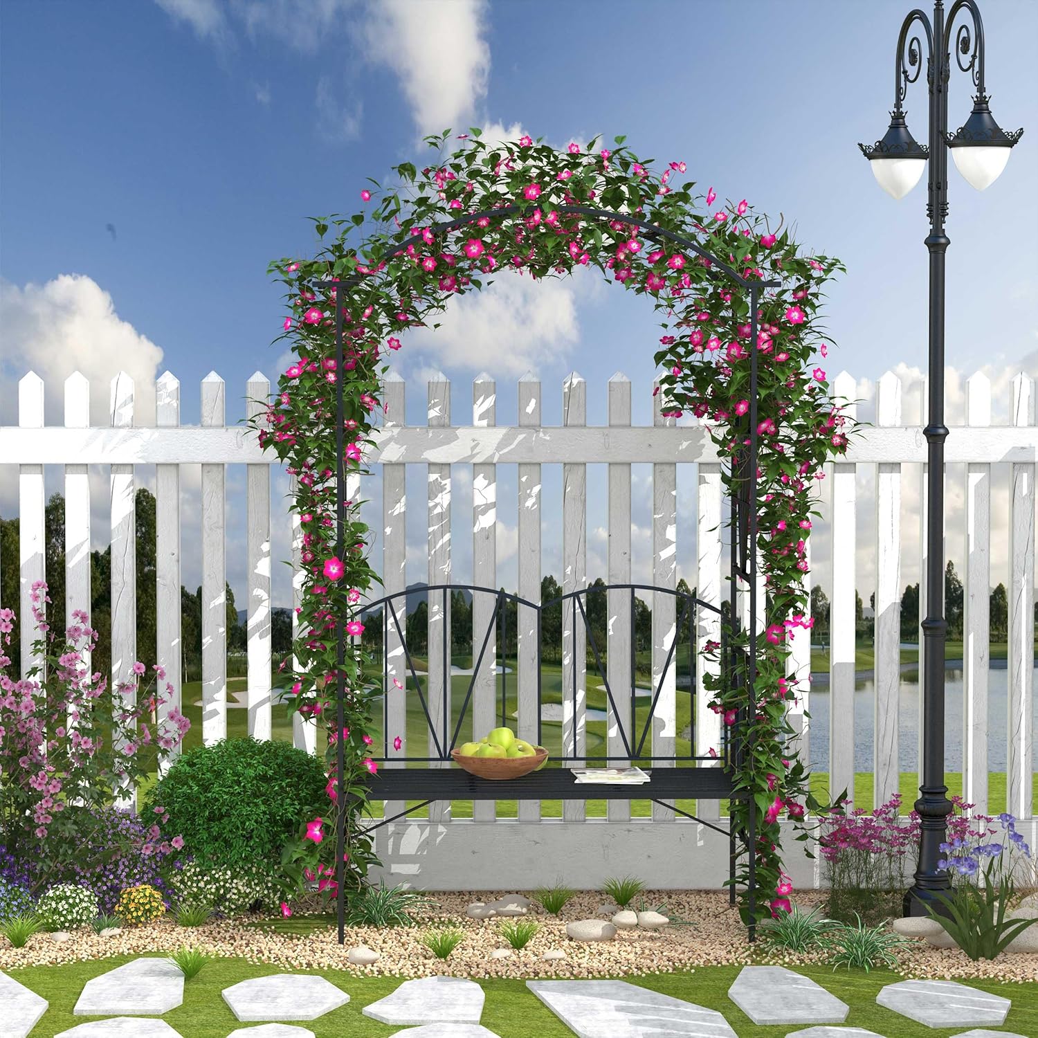 Garden Arbor Bench 2 Seater Metal Patio Seat with Climbing Arch
