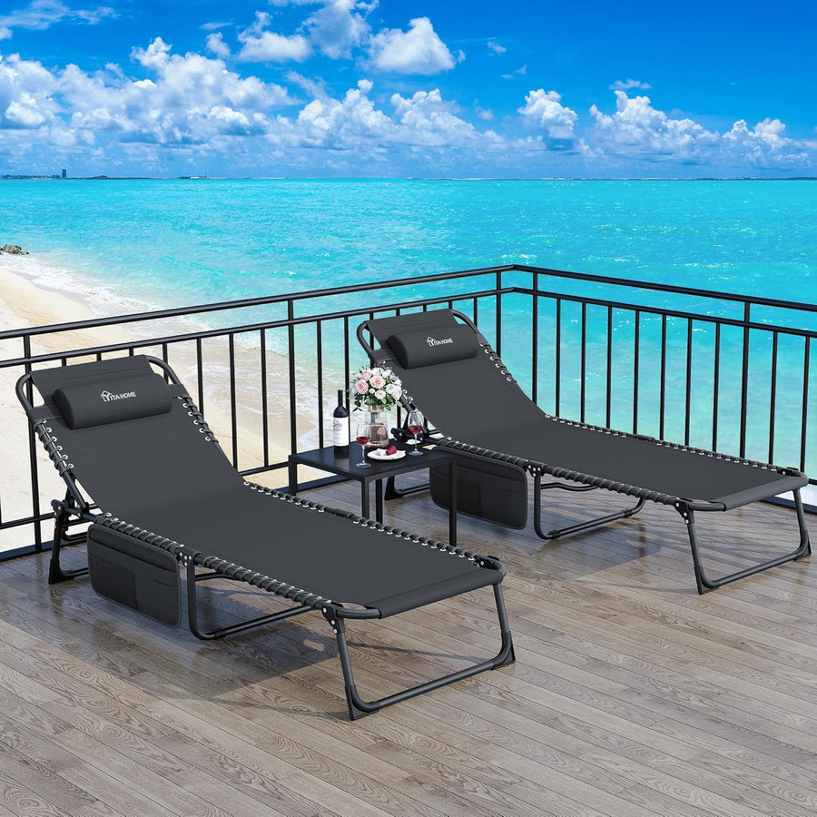 Set of 2 Folding Sun Loungers Black 4 Position