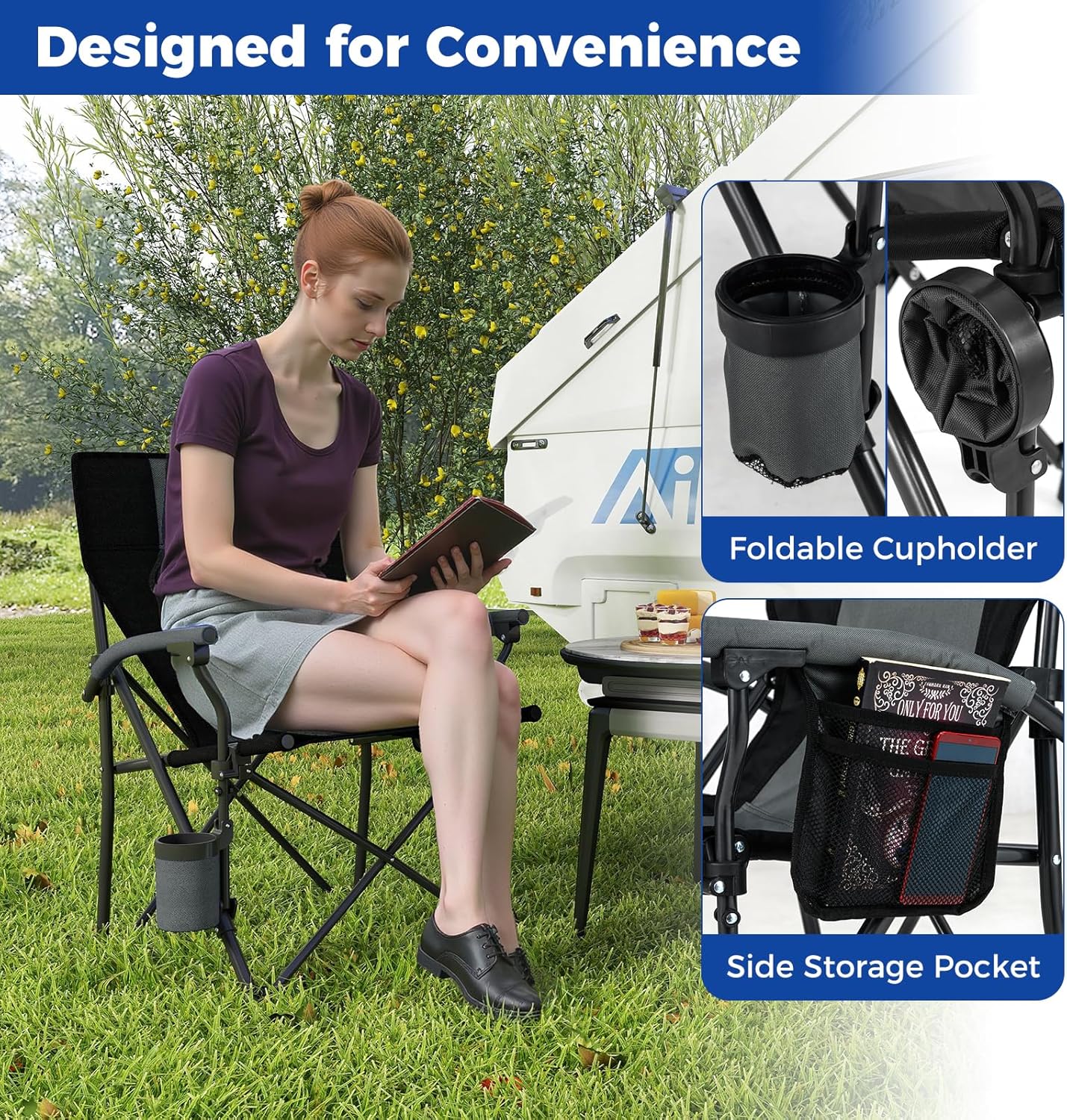 Folding Directors Camping Chair with Pocket Black