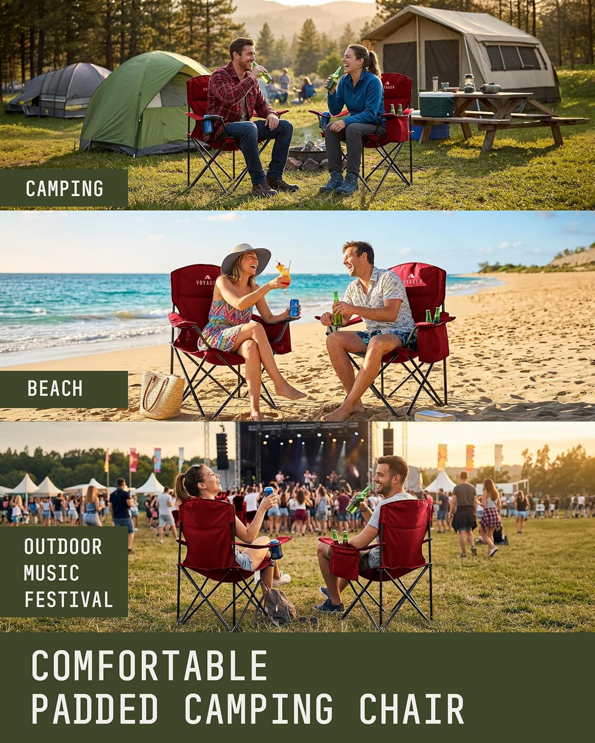 Folding Camping Chairs 2 Pack Cooler Bag Red Set