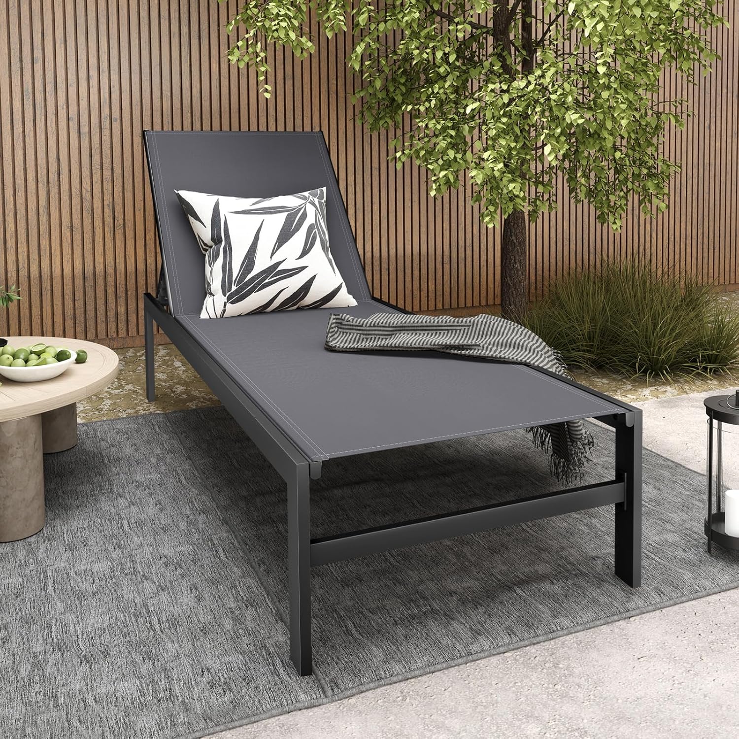 Garden Sun Lounger Adjustable Patio Chaise Recliner Grey Aluminum