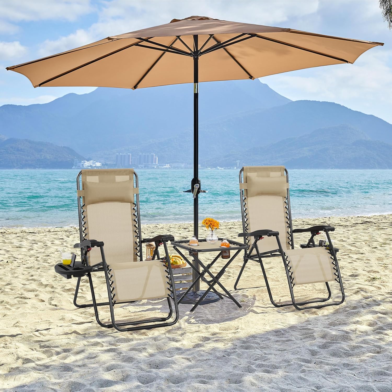 3 Piece Zero Gravity Recliner Set Chairs Table Beige