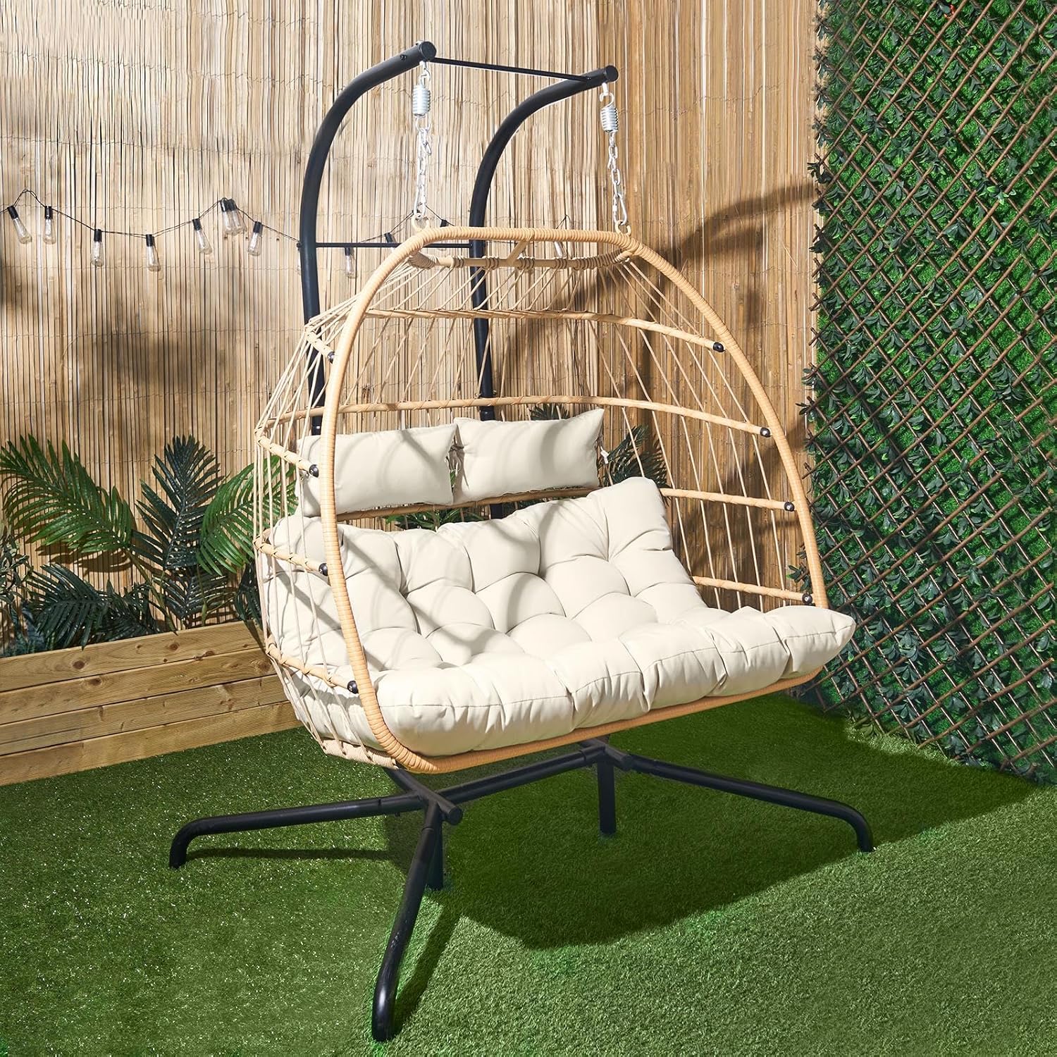 Double Egg Chair Natural Rattan Swing with Stand Cushion