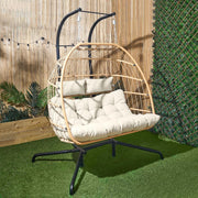 Double Egg Chair Natural Rattan Swing with Stand Cushion
