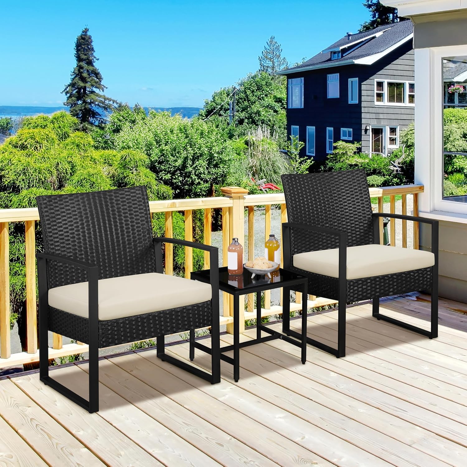 3 Piece Rattan Garden Furniture Set Patio Chairs Table Black
