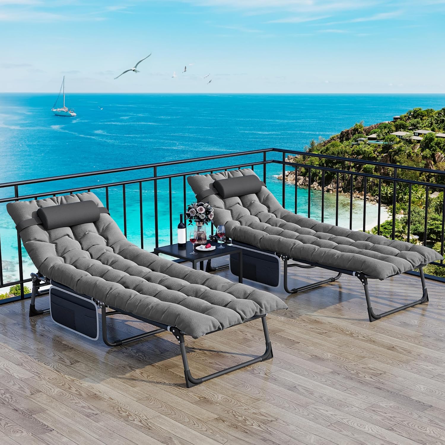 Set of 2 Folding Sun Loungers Reclining Beds Grey