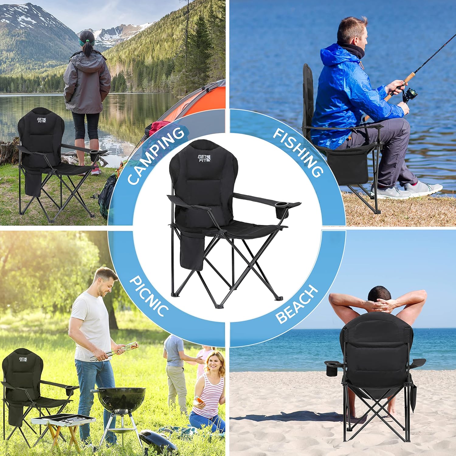 Padded Folding Camping Chair 130KG Black Single
