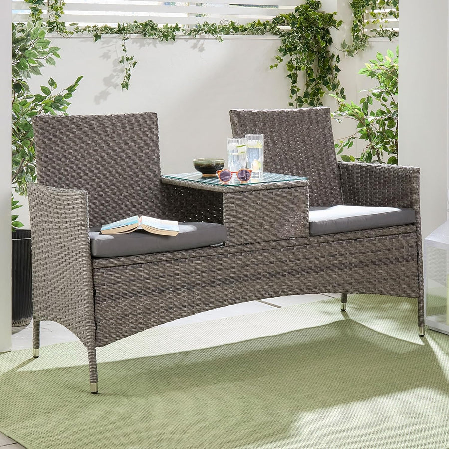 Rattan Garden Love Seat 2 Seater w/Glass Table Cushions