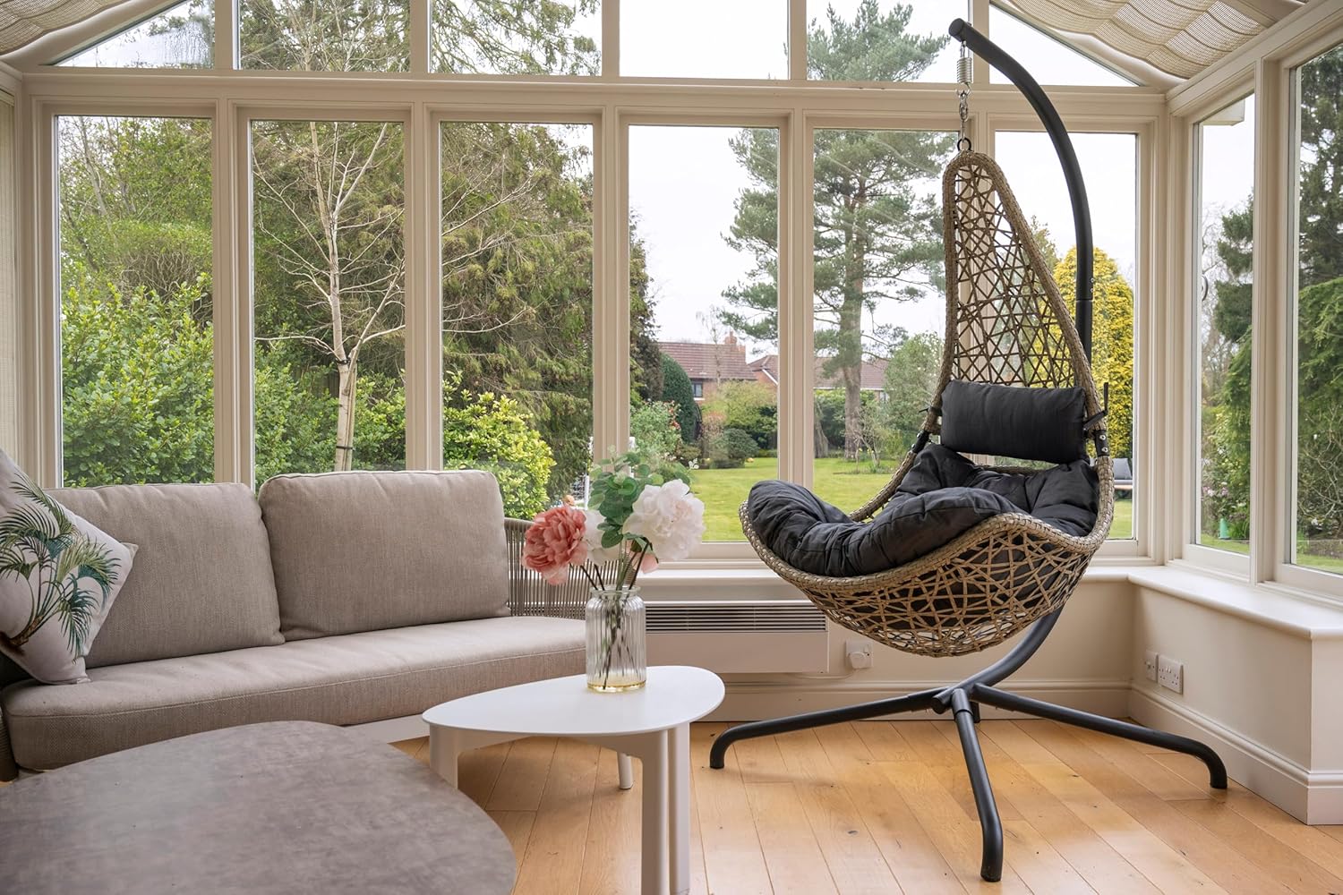 Hanging Swing Chair Grey Rattan Stand Cushion Set