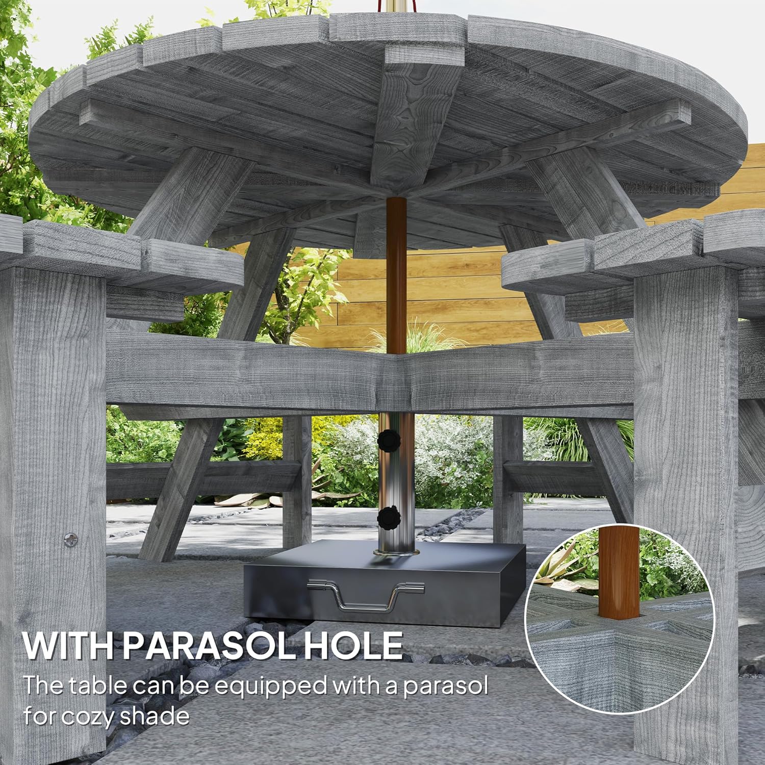 8 Seater Round Wooden Picnic Table Bench Set Patio w/Parasol Hole