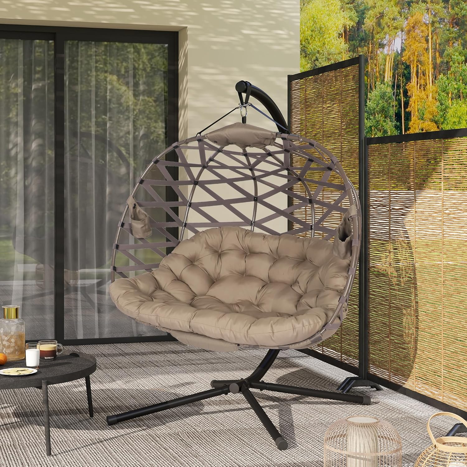 Double Hanging Egg Chair Stand Plush Cushion Sand Weave