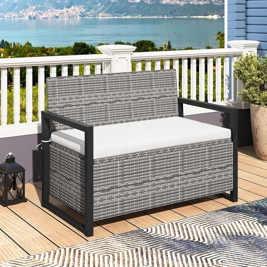 Rattan Garden Storage Bench 2 Seater Deck Box with Cushion